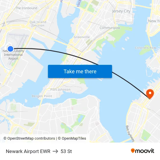 Newark Airport EWR to 53 St map
