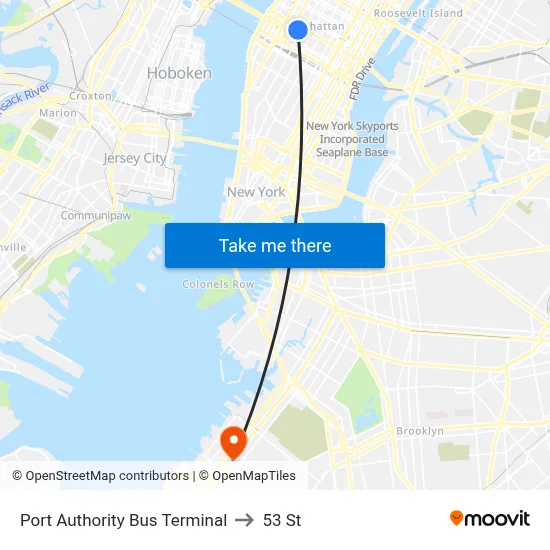 Port Authority Bus Terminal to 53 St map