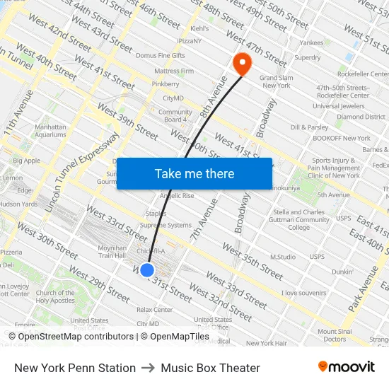 New York Penn Station to Music Box Theater map