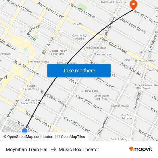 Moynihan Train Hall to Music Box Theater map