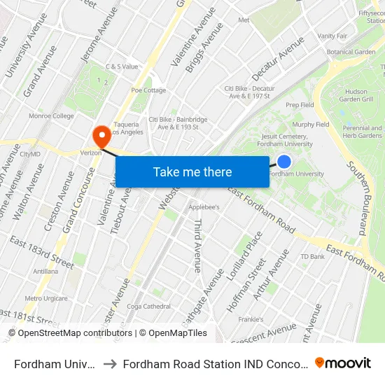 Fordham University to Fordham Road Station IND Concourse Line map