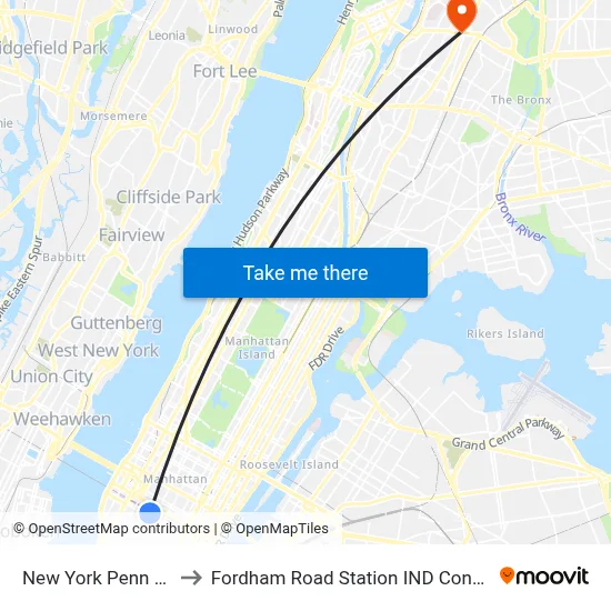New York Penn Station to Fordham Road Station IND Concourse Line map