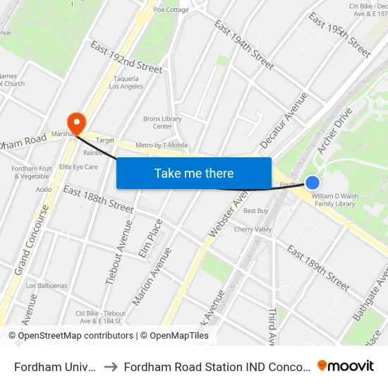 Fordham University to Fordham Road Station IND Concourse Line map
