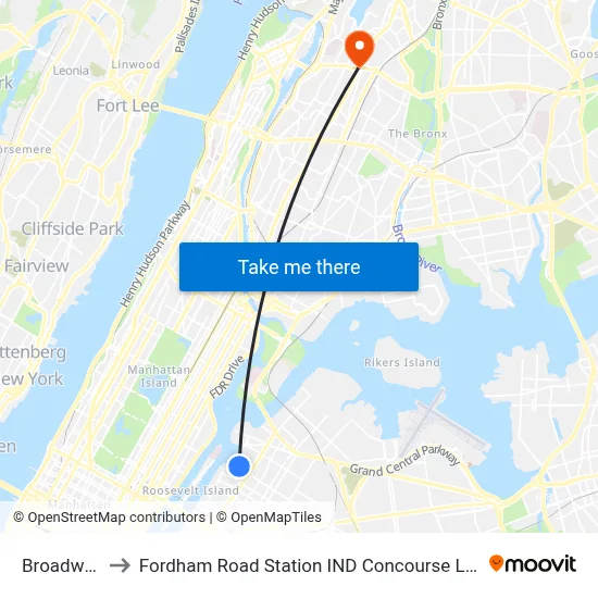 Broadway to Fordham Road Station IND Concourse Line map