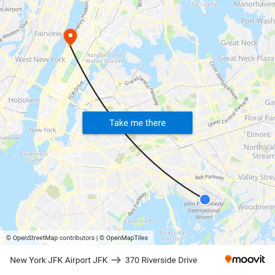 New York JFK Airport JFK to 370 Riverside Drive map