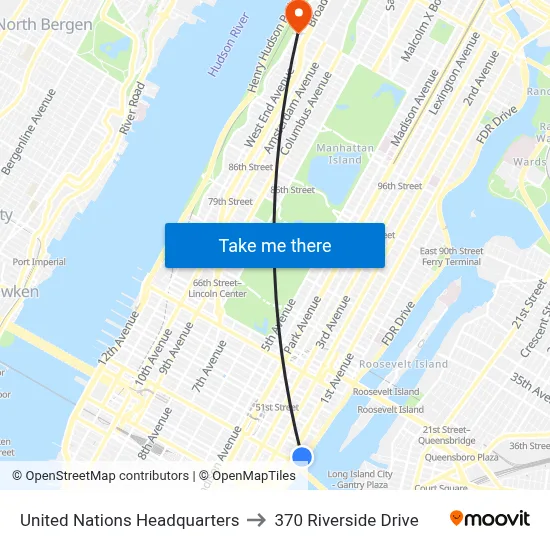 United Nations Headquarters to 370 Riverside Drive map