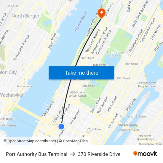 Port Authority Bus Terminal to 370 Riverside Drive map