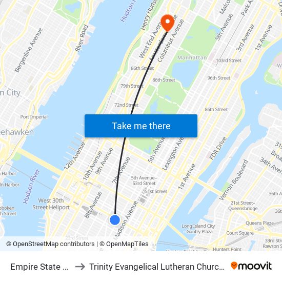 Empire State Building to Trinity Evangelical Lutheran Church of Manhattan map