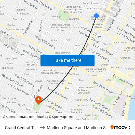 Grand Central Terminal to Madison Square and Madison Square Park map