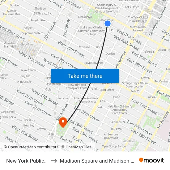 New York Public Library to Madison Square and Madison Square Park map