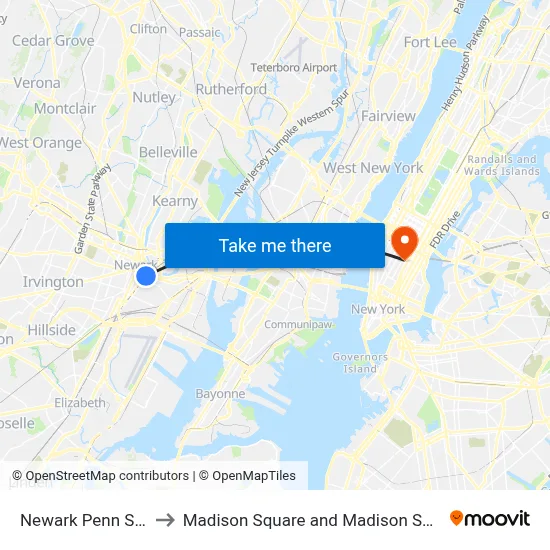 Newark Penn Station to Madison Square and Madison Square Park map