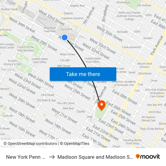 New York Penn Station to Madison Square and Madison Square Park map