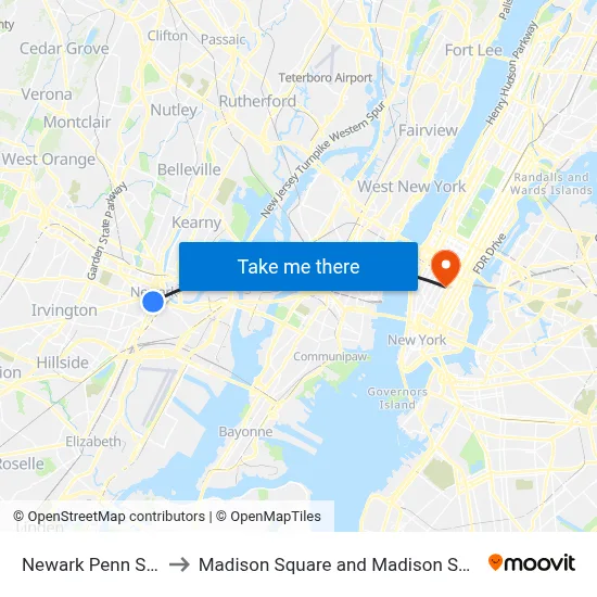 Newark Penn Station to Madison Square and Madison Square Park map