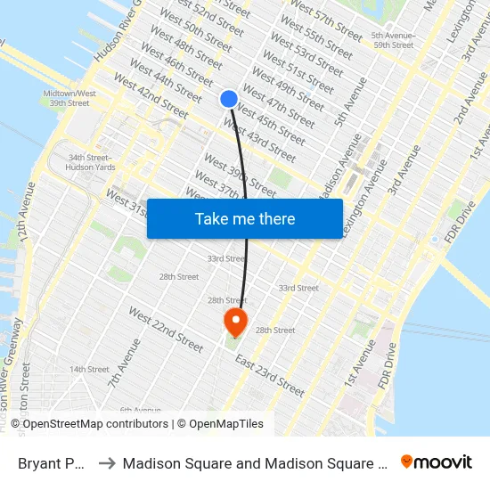 Bryant Park to Madison Square and Madison Square Park map