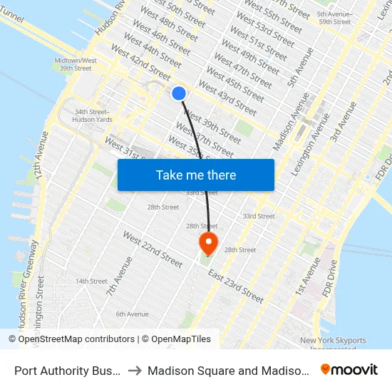 Port Authority Bus Terminal to Madison Square and Madison Square Park map
