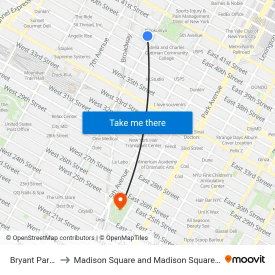 Bryant Park 7 to Madison Square and Madison Square Park map