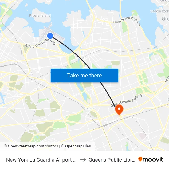New York La Guardia Airport LGA to Queens Public Library map