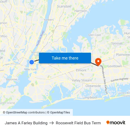 James A Farley Building to Roosevelt Field Bus Term map