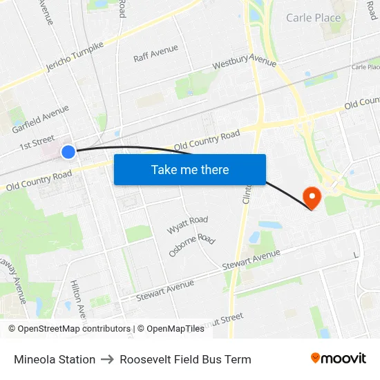 Mineola Station to Roosevelt Field Bus Term map