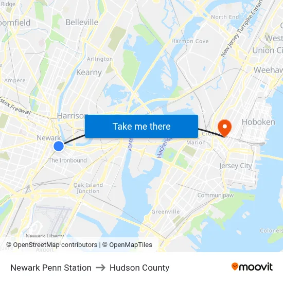 Newark Penn Station to Hudson County map