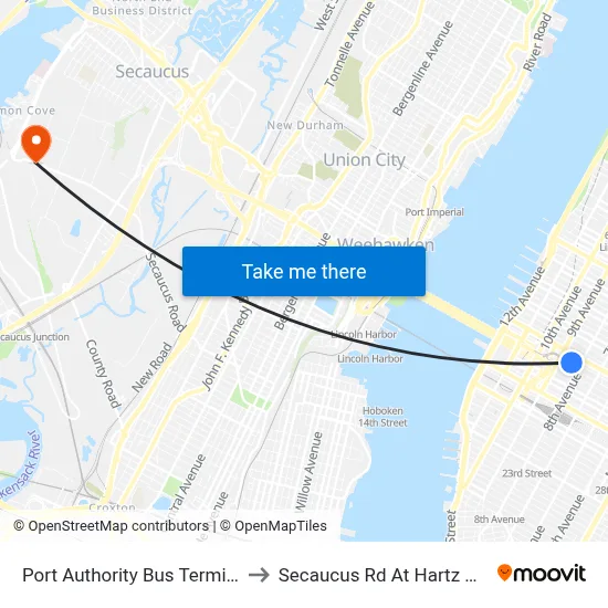 Port Authority Bus Terminal to Secaucus Rd At Hartz Way map