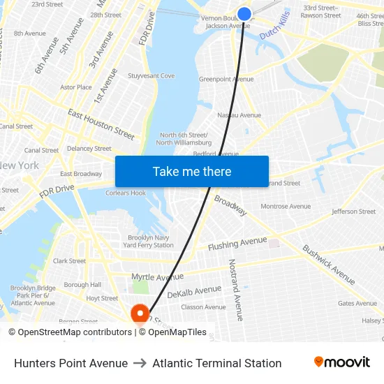 Hunters Point Avenue to Atlantic Terminal Station map