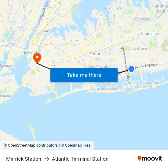 Merrick Station to Atlantic Terminal Station map