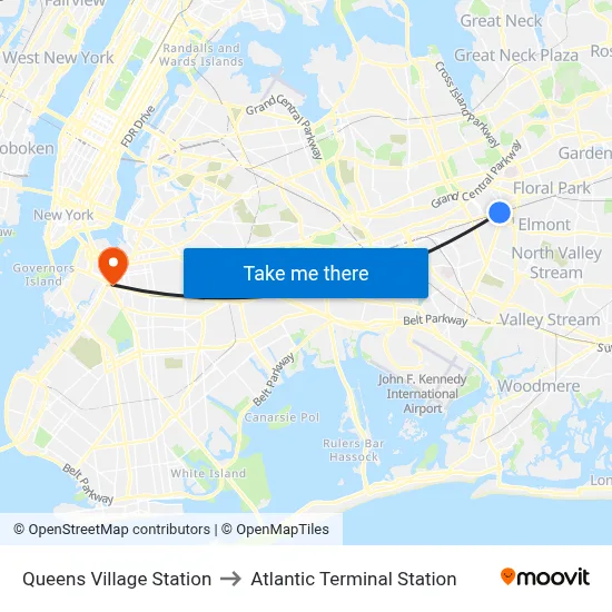 Queens Village Station to Atlantic Terminal Station map