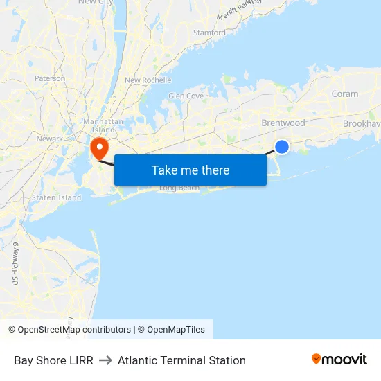 Bay Shore LIRR to Atlantic Terminal Station map