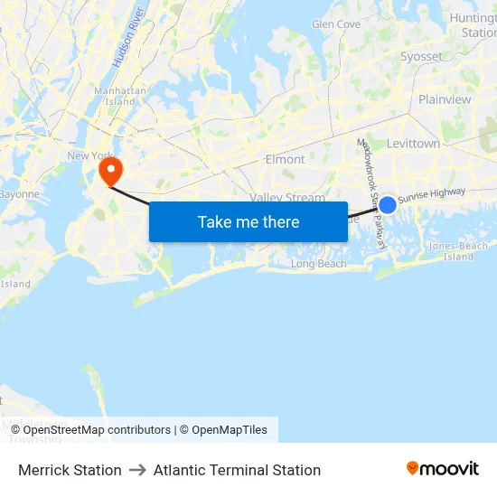 Merrick Station to Atlantic Terminal Station map