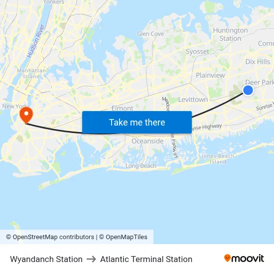 Wyandanch Station to Atlantic Terminal Station map