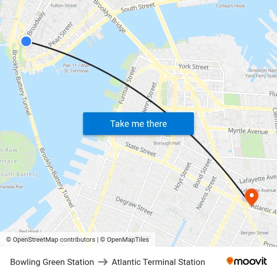 Bowling Green Station to Atlantic Terminal Station map