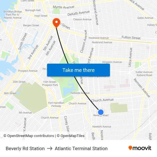 Beverly Rd Station to Atlantic Terminal Station map