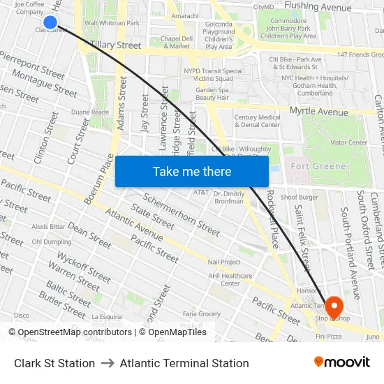 Clark St Station to Atlantic Terminal Station map