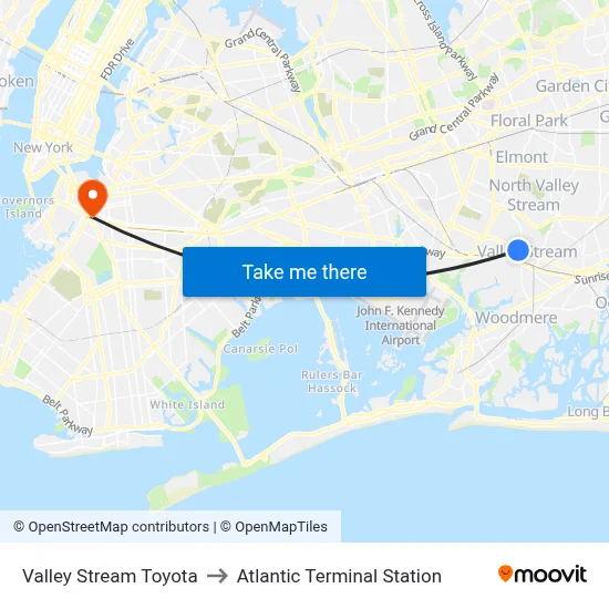 Valley Stream Toyota to Atlantic Terminal Station map