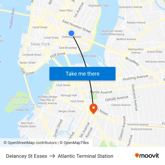 Delancey St Essex to Atlantic Terminal Station map