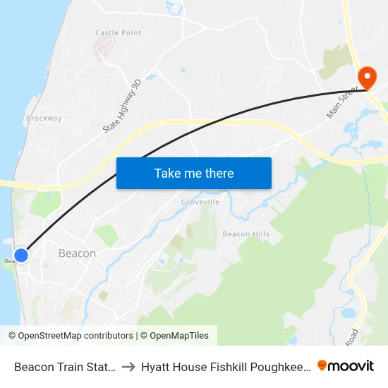 Beacon Train Station to Hyatt House Fishkill Poughkeepsie map