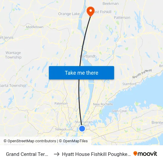 Grand Central Terminal to Hyatt House Fishkill Poughkeepsie map