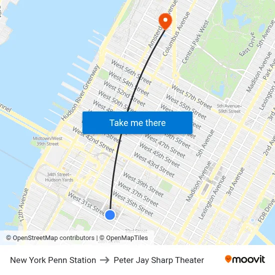 New York Penn Station to Peter Jay Sharp Theater map