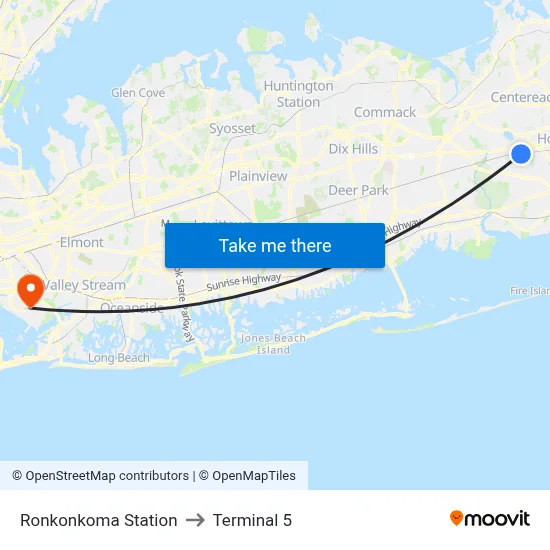 Ronkonkoma Station to Terminal 5 map