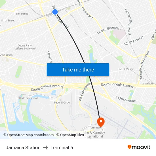 Jamaica Station to Terminal 5 map
