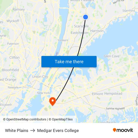 White Plains to Medgar Evers College map