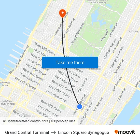 Grand Central Terminal to Lincoln Square Synagogue map