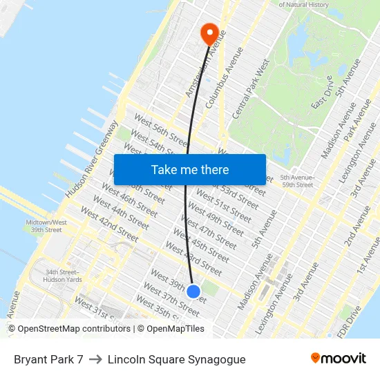 Bryant Park 7 to Lincoln Square Synagogue map
