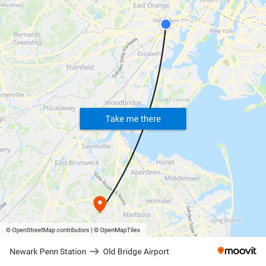 Newark Penn Station to Old Bridge Airport map