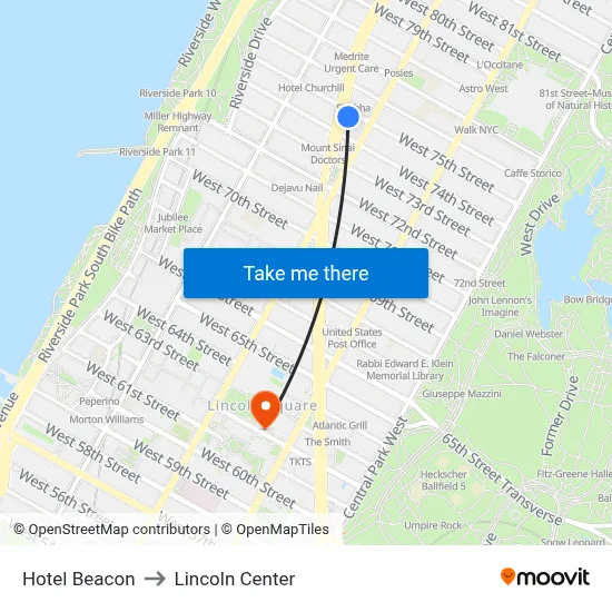 Hotel Beacon to Lincoln Center map