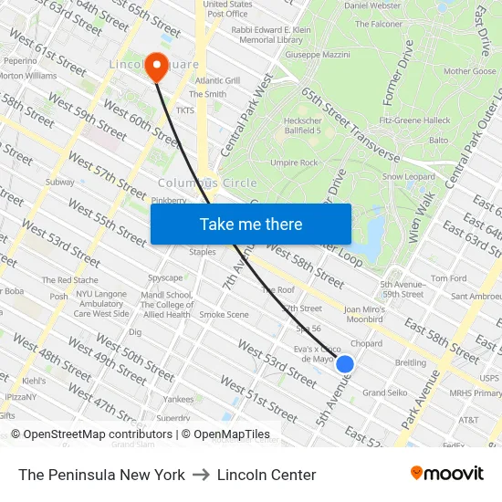 The Peninsula New York to Lincoln Center map