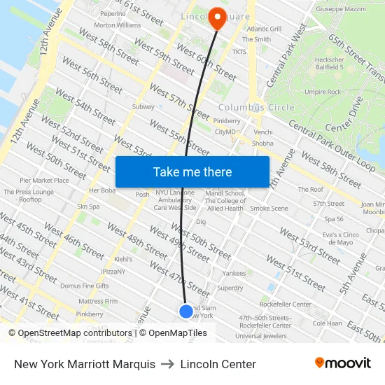 New York Marriott Marquis to Lincoln Center map