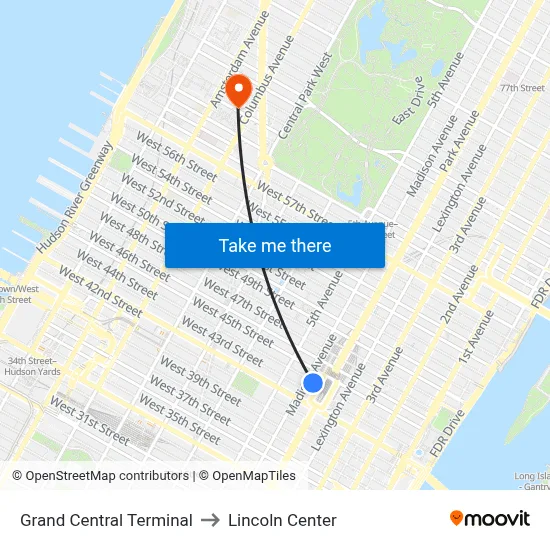 Grand Central Terminal to Lincoln Center map