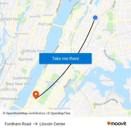Fordham Road to Lincoln Center map